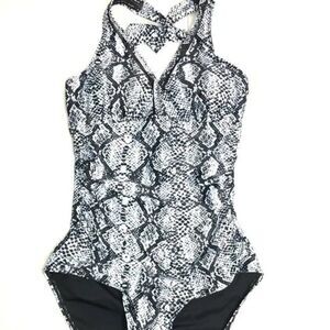 Women's One Piece Swimsuit V-Neck w/Mash Contrast Halter SnakePrint